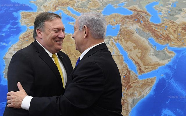 US Secretary of State Mike Pompeo (left) meets with Prime Minister Benjamin Netanyahu in Tel Aviv on April 29, 2018 (Haim Zach/GPO) US Secretary of State Mike Pompeo (left) meets with Prime Minister Benjamin Netanyahu in Tel Aviv on April 29, 2018 (Haim Zach/GPO)