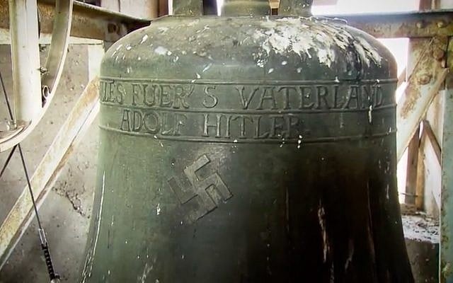 A swastika emblazoned on a bell in a church in the German town of Schweringen. (Screen capture/YouTube) A swastika emblazoned on a bell in a church in the German town of Schweringen. (Screen capture/YouTube)
