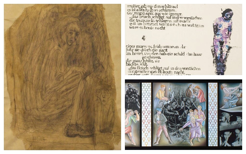 Clockwise from upper right: 'The Ballad of Marie Sanders, The Jew’s Whore,' by Nancy Spero; Half-Scale Study for Double Jeopardy from Holocaust Project—Studies/Ancillaries, by Judy Chicago and Donald Woodman; 'Women in Birkenau Camp,' by Halina Olomucki, drawn secretly while imprisoned in 1945. (Courtesy Ronald Feldman Gallery) Clockwise from upper right: 'The Ballad of Marie Sanders, The Jew’s Whore,' by Nancy Spero; Half-Scale Study for Double Jeopardy from Holocaust Project—Studies/Ancillaries, by Judy Chicago and Donald Woodman; 'Women in Birkenau Camp,' by Halina Olomucki, drawn secretly while imprisoned in 1945. (Courtesy Ronald Feldman Gallery)