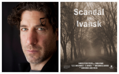 Director David Blumenfeld, and the poster for his documentary, 'Scandal in Ivansk.' (Courtesy)