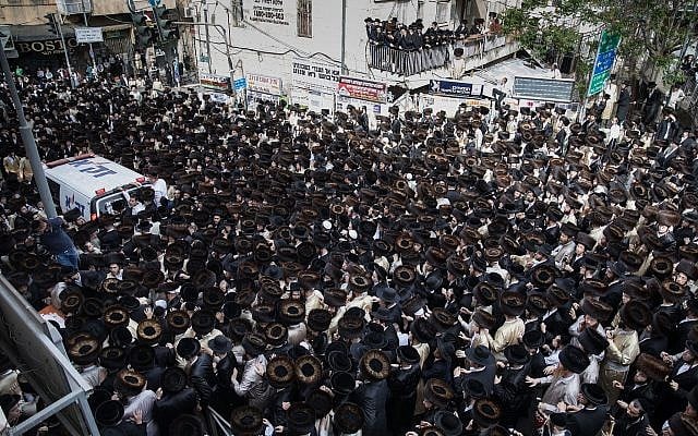 Ultra-Orthodox Jewish men gather at Kikar Shabbat in Jerusalem to attend the funeral of the infant who drowned to death in Ashdod, April 5, 2018. (Noam Revkin Fenton/Flash90) Ultra-Orthodox Jewish men gather at Kikar Shabbat in Jerusalem to attend the funeral of the infant who drowned to death in Ashdod, April 5, 2018. (Noam Revkin Fenton/Flash90)