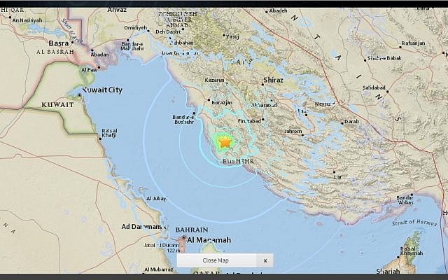 Site of earthquake near Bushehr, Iran on April 19, 2018. (Screen capture: USGS National Earthquake Information Center) Site of earthquake near Bushehr, Iran on April 19, 2018. (Screen capture: USGS National Earthquake Information Center)