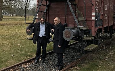 Alan Ehrlich, right, speaking with Francesco Latoro in Amsterdam, March 25, 2018. (Courtesy of Jewish National Fund-United Kingdom/via JTA)