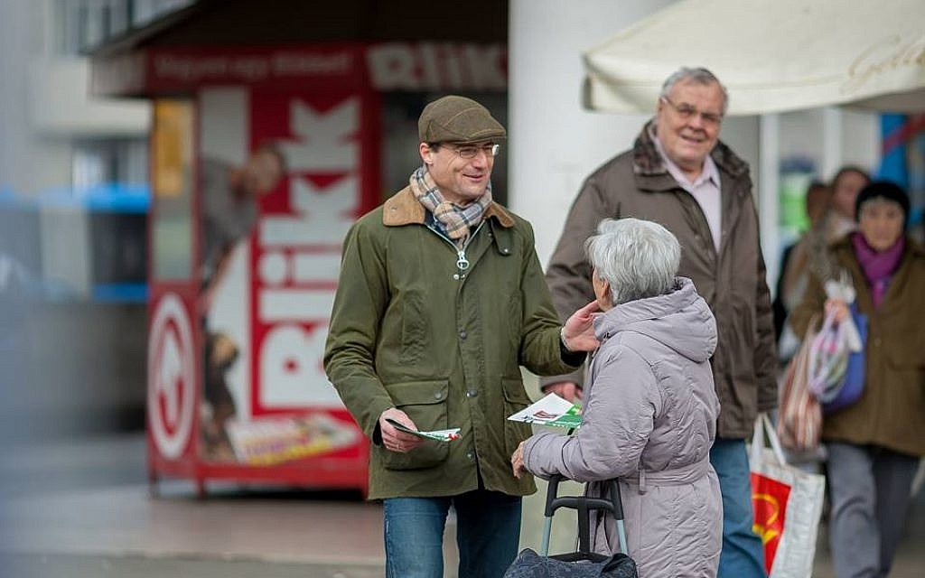 Márton Gyöngyösi campaigning on the street ahead of the Hungary's April 8 elections. (Courtesy)