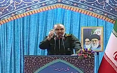 Vice commander of the Iranian Revolutionary Guards Corps, Hossain Salami, threatens Israel in an address in Tehran, Iran, April 20, 2018. (YouTube screenshot)