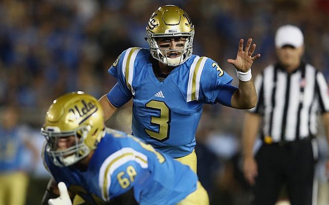 Josh Rosen #3 of the UCLA Bruins calls a play at the line of scrimmage during the first half of a game against the Arizona Wildcats at the Rose Bowl in Pasadena, California, on October 1, 2016. (Sean M. Haffey/Getty Images via JTA) Josh Rosen #3 of the UCLA Bruins calls a play at the line of scrimmage during the first half of a game against the Arizona Wildcats at the Rose Bowl in Pasadena, California, on October 1, 2016. (Sean M. Haffey/Getty Images via JTA)