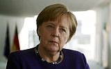 German Chancellor Angela Merkel speaks to Israel's Channel 10 news in an interview aired on April 22, 2018. (screen capture, Channel 10)