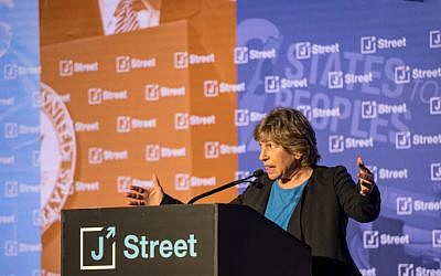 Randi Weingarten, the president of the American Federation of Teachers, speaks on April 14, 2018, at the annual J Street conference, in Washington, DC. (J Street via JTA)