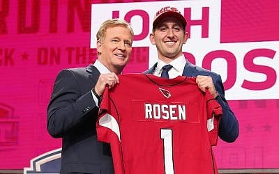 Josh Rosen of UCLA poses with NFL Commissioner Roger Goodell after being picked #10 overall by the Arizona Cardinals during the first round of the 2018 NFL Draft at AT&T Stadium on April 26, 2018 in Arlington, Texas. (Tom Pennington/Getty Images)