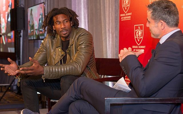During the Israel Summit at Harvard, retired NBA All-Star Amar'e Stoudemire (left) is interviewed by HBO sports correspondent Jon Frankel, April 8, 2018 (courtesy: Max August) During the Israel Summit at Harvard, retired NBA All-Star Amar'e Stoudemire (left) is interviewed by HBO sports correspondent Jon Frankel, April 8, 2018 (courtesy: Max August)