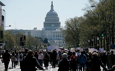 Participants in the National Walkout to protest gun violence marching toward the US Capitol, April 20, 2018. (Bonnie Jo Mount/The Washington Post via Getty Images/via JTA)