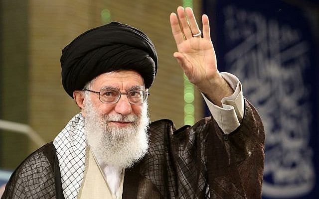 A handout picture provided by the office of Iran's Supreme Leader on April 30, 2018, shows Ayatollah Ali Khamenei waving to the crowd as he delivers a speech during Labor Day.  (AFP PHOTO / Iranian Supreme Leader's Website / HO)