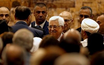 Palestinian Authority President Mahmoud Abbas gestures during a Palestinian National Council meeting in Ramallah, April 30, 2018. (ABBAS MOMANI/AFP)