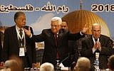 Illustrative: Palestinian Authority President Mahmoud Abbas gestures as he chairs a Palestinian National Council meeting in Ramallah on April 30, 2018. (AFP/ABBAS MOMANI/File)