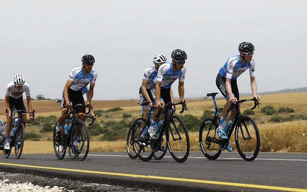 Members of the Israel Cycling Academy team train near Kibbutz Beit Guvrin on May 1, 2018, a few days before the start of the Giro d'Italia cycling race. (AFP Photo/Menahem Kahana) Members of the Israel Cycling Academy team train near Kibbutz Beit Guvrin on May 1, 2018, a few days before the start of the Giro d'Italia cycling race. (AFP Photo/Menahem Kahana)