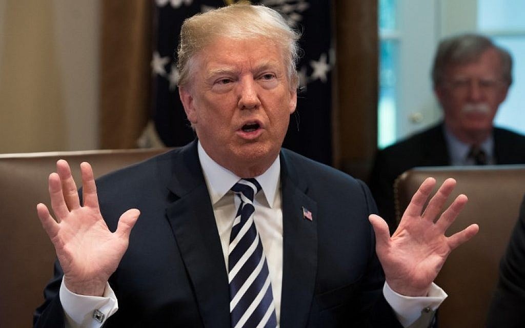 US President Donald Trump speaks during a Cabinet Meeting in the Cabinet Room of the White House in Washington, DC, May 9, 2018. (SAUL LOEB/AFP) US President Donald Trump speaks during a Cabinet Meeting in the Cabinet Room of the White House in Washington, DC, May 9, 2018. (SAUL LOEB/AFP)