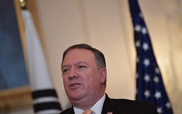 US Secretary of State Mike Pompeo takes part in a joint press conference with South Korea's Foreign Minister Kang Kyung-wha (not pictured) at the State Department in Washington, DC, on May 11, 2018. (AFP Photo/Mandel Ngan) US Secretary of State Mike Pompeo takes part in a joint press conference with South Korea's Foreign Minister Kang Kyung-wha (not pictured) at the State Department in Washington, DC, on May 11, 2018. (AFP Photo/Mandel Ngan)