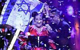 Israel's Netta Barzilai after winning the final of the 63rd edition of the Eurovision Song Contest 2018 at the Altice Arena in Lisbon, on May 12, 2018. (AFP/Francisco Leong)