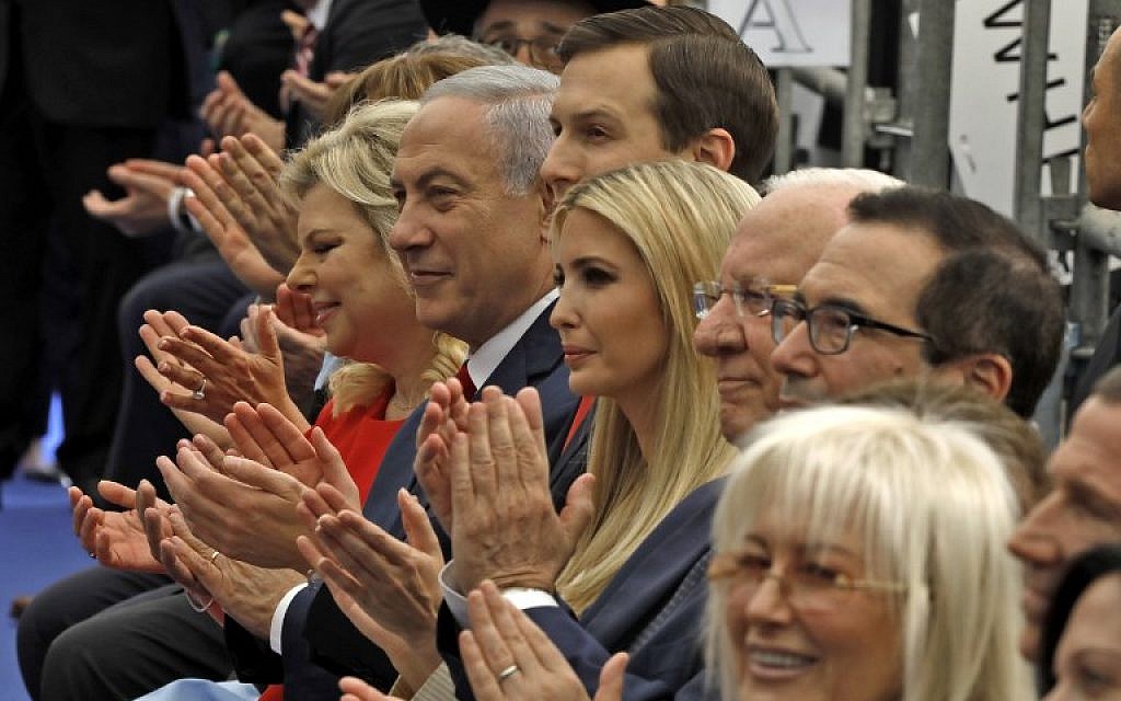Prime Minister Benjamin Netanyahu 2nd left, his wife Sara Netanyahu, left, Senior White House Adviser Jared Kushner 3rd left, US President's daughter Ivanka Trump, center, US Treasury Secretary Steve Mnuchin, right, and US ambassador to Israel David Friedman, 2nd right, attend the opening of the US embassy in Jerusalem on May 14, 2018. (MENAHEM KAHANA/AFP)