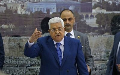 Palestinian Authority President Mahmoud Abbas addresses the Palestinian leadership in the West Bank city of Ramallah on May 14, 2018. ( ABBAS MOMANI/AFP)