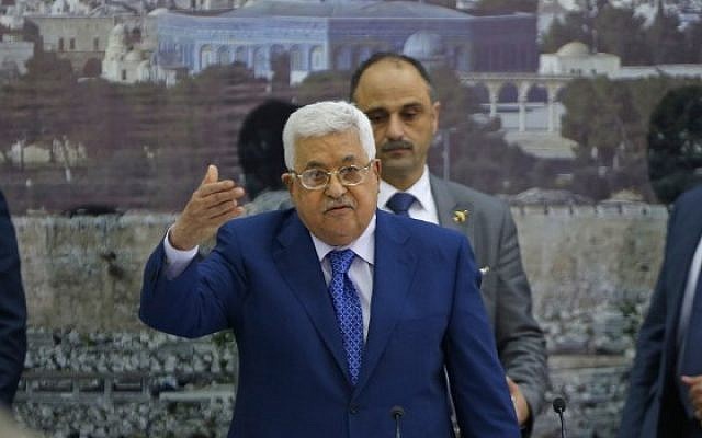 Palestinian Authority President Mahmoud Abbas addresses the Palestinian leadership in the West Bank city of Ramallah on May 14, 2018. ( ABBAS MOMANI/AFP) Palestinian Authority President Mahmoud Abbas addresses the Palestinian leadership in the West Bank city of Ramallah on May 14, 2018. ( ABBAS MOMANI/AFP)