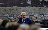 Palestinian Authority President Mahmoud Abbas addresses Palestinian leaders in the West Bank city of Ramallah on May 14, 2018. (Abbas Momani/AFP)