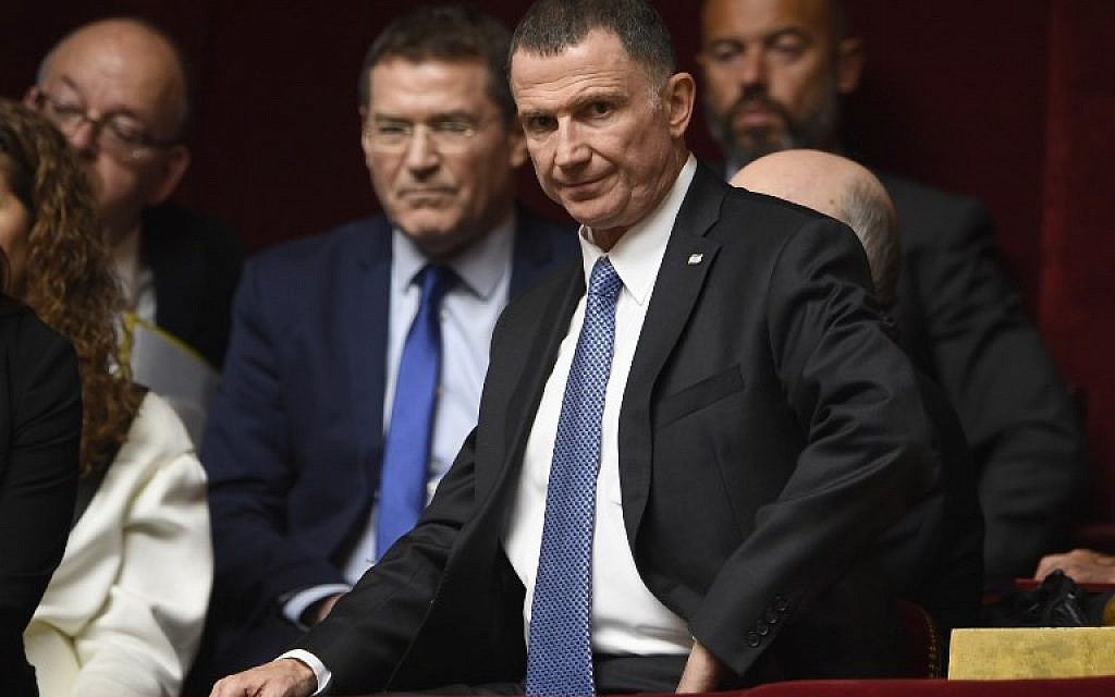 Yuli Edelstein at the French National Assembly in Paris, on May 16, 2018. (AFP/Eric FEFERBERG)