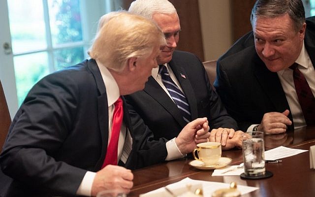 US President Donald Trump speaks (R) with Secretary of State Mike Pompeo as Vice President Mike Pence (C) looks on during a meeting with NATO Secretary General Jens Stoltenberg in the Cabinet Room at the White House in Washington, DC, on May 17, 2018. (AFP PHOTO / NICHOLAS KAMM) US President Donald Trump speaks (R) with Secretary of State Mike Pompeo as Vice President Mike Pence (C) looks on during a meeting with NATO Secretary General Jens Stoltenberg in the Cabinet Room at the White House in Washington, DC, on May 17, 2018. (AFP PHOTO / NICHOLAS KAMM)