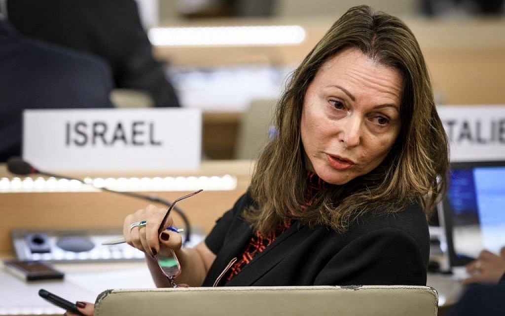 Aviva Raz Shechter, Israel's permanent representative in Geneva to the UN, at a special session of the United Nations Human Rights Council to discuss "the deteriorating human rights situation" in the West Bank and Gaza, on May 18, 2018. (AFP Photo/Fabrice Coffrini)