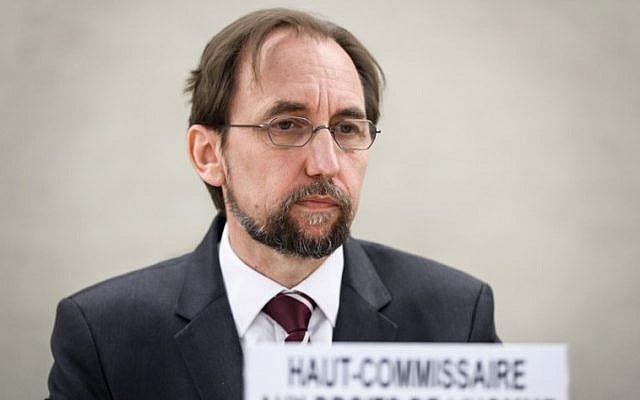 United Nations High Commissioner for Human Rights Zeid Ra'ad Al Hussein attends a special session of the United Nations Human Rights Council on May 18, 2018 in Geneva. (AFP/Fabrice Coffrini) United Nations High Commissioner for Human Rights Zeid Ra'ad Al Hussein attends a special session of the United Nations Human Rights Council on May 18, 2018 in Geneva. (AFP/Fabrice Coffrini)