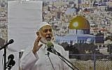 Hamas leader Ismail Haniyeh delivers a speech on the first Friday of the Muslim holy month of Ramadan on May 18, 2018, at al-Omary mosque in Gaza City. (AFP/Mohammed Abed)