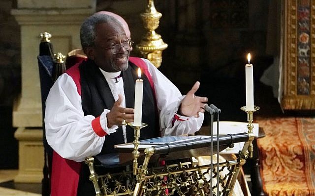 Bishop Michael Bruce Curry gives a reading during the wedding ceremony of Britain's Prince Harry, Duke of Sussex and US actress Meghan Markle in St George's Chapel, Windsor Castle, in Windsor, on May 19, 2018. (AFP / Owen Humphreys) Bishop Michael Bruce Curry gives a reading during the wedding ceremony of Britain's Prince Harry, Duke of Sussex and US actress Meghan Markle in St George's Chapel, Windsor Castle, in Windsor, on May 19, 2018. (AFP / Owen Humphreys)