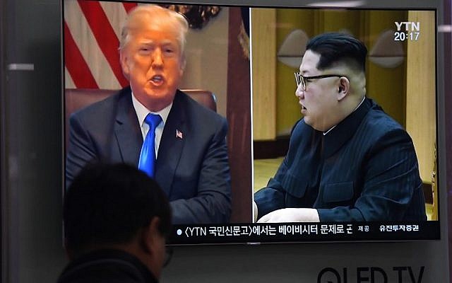 A man watches a television news showing North Korean leader Kim Jong Un, right, and US President Donald Trump, left, at a railway station in Seoul on May 24, 2018. (Jung Yeon-je/AFP) A man watches a television news showing North Korean leader Kim Jong Un, right, and US President Donald Trump, left, at a railway station in Seoul on May 24, 2018. (Jung Yeon-je/AFP)
