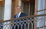 Russian Foreign Minister Sergei Lavrov stands on the balcony before a meeting of President Vladimir Putin with French President Emmanuel Macron (both not pictured) at the Konstantin Palace in Strelna, outside Saint Petersburg, on May 24, 2018. (GRIGORY DUKOR/AFP)