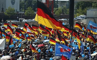 Alternative for Germany (AfD)'s demonstrators holding placards and German flags gather at the main station in Berlin to attend the "demonstration for the future of Germany" called by the far-right AfD in Berlin on May 27, 2018. (AFP PHOTO / Odd ANDERSEN)