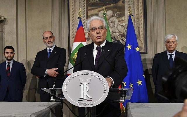 Italy's President Sergio Mattarella addresses journalists after a meeting with Italy's prime ministerial candidate Giuseppe Conte on May 27, 2018 at the Quirinale presidential palace in Rome. (AFP PHOTO / Vincenzo PINTO) Italy's President Sergio Mattarella addresses journalists after a meeting with Italy's prime ministerial candidate Giuseppe Conte on May 27, 2018 at the Quirinale presidential palace in Rome. (AFP PHOTO / Vincenzo PINTO)