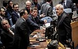 Kuwait's Ambassador to the United Nations Mansour Al-Otaibi, left, talks to Permanent Observer of Palestine to the United Nations Riyad Mansour at the start of a UN Security Council meeting, May 15, 2018 in New York. (Drew Angerer/Getty Images/AFP)