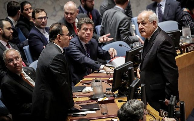 Kuwait's Ambassador to the United Nations Mansour Al-Otaibi, left, talks to Permanent Observer of Palestine to the United Nations Riyad Mansour at the start of a UN Security Council meeting, May 15, 2018 in New York. (Drew Angerer/Getty Images/AFP) Kuwait's Ambassador to the United Nations Mansour Al-Otaibi, left, talks to Permanent Observer of Palestine to the United Nations Riyad Mansour at the start of a UN Security Council meeting, May 15, 2018 in New York. (Drew Angerer/Getty Images/AFP)