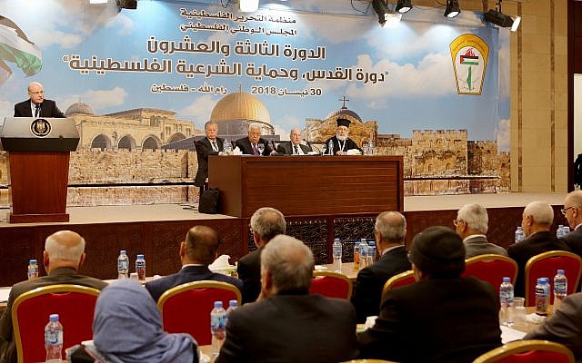 Palestinian Authority President Mahmoud Abbas (seated center), during the second day of the Palestinian National Council, on May 1, 2018. (Asil Shahin/Wafa) Palestinian Authority President Mahmoud Abbas (seated center), during the second day of the Palestinian National Council, on May 1, 2018. (Asil Shahin/Wafa)
