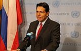 Israel's Ambassador to the United Nations Danny Danon speaks to reporters ahead of a Security Council meeting on May 30, 2018 (Courtesy)