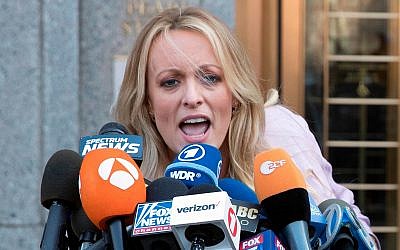 In this April 16, 2018 photo, adult film actress Stormy Daniels speaks outside the US federal court in New York. (AP Photo/Mary Altaffer)