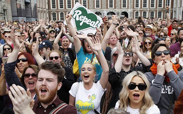 People from the "Yes" campaign react as the results of the Irish referendum on the 8th Amendment of the Irish Constitution are heard, at Dublin Castle, in Dublin, Ireland, on May 26, 2018. (AP Photo/Peter Morrison) People from the "Yes" campaign react as the results of the Irish referendum on the 8th Amendment of the Irish Constitution are heard, at Dublin Castle, in Dublin, Ireland, on May 26, 2018. (AP Photo/Peter Morrison)