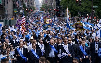 Illustrative: Dignitaries lead the 53rd annual Celebrate Israel Parade down 5th Avenue in New York City, June 4, 2017. (AP Photo/Craig Ruttle)