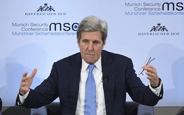 Former US Secretary of State, John Kerry, attends a panel discussion at the International Security Conference in Munich, Germany, February 18, 2018. (Andreas Gebert/dpa via AP) Former US Secretary of State, John Kerry, attends a panel discussion at the International Security Conference in Munich, Germany, February 18, 2018. (Andreas Gebert/dpa via AP)