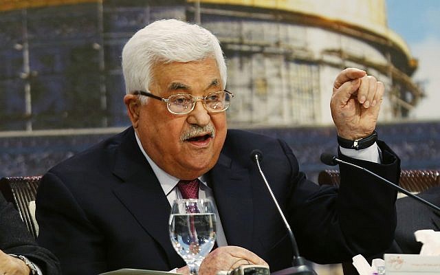 Palestinian Authority President Mahmoud Abbas speaks during a meeting of the Palestinian National Council at his headquarters in the West Bank city of Ramallah, on April 30, 2018. (AP/Majdi Mohammed) Palestinian Authority President Mahmoud Abbas speaks during a meeting of the Palestinian National Council at his headquarters in the West Bank city of Ramallah, on April 30, 2018. (AP/Majdi Mohammed)