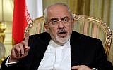 In this April 24, 2018, photo, Iran's Foreign Minister Mohammad Javad Zarif is interviewed by The Associated Press in New York. (AP Photo/Richard Drew,)