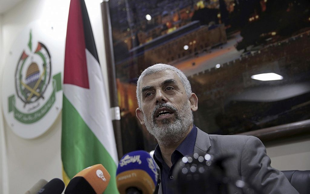 Yahya Sinwar, the Hamas leader in the Gaza Strip, speaks to foreign correspondents in his office in Gaza City, May 10, 2018. (Khalil Hamra/AP) Yahya Sinwar, the Hamas leader in the Gaza Strip, speaks to foreign correspondents in his office in Gaza City, May 10, 2018. (Khalil Hamra/AP)