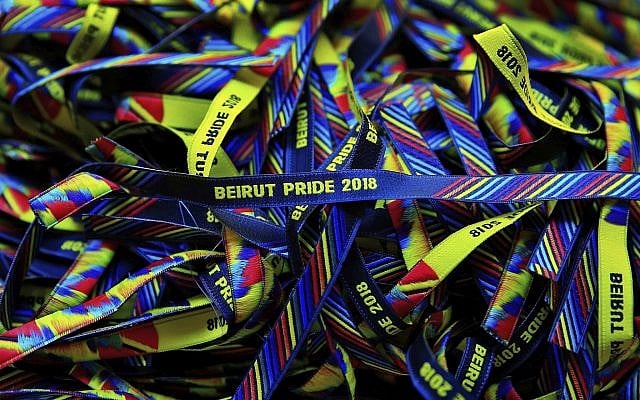 In this picture taken Saturday, May 12, 2018, bracelets decorated with the rainbow colors are displayed at a restaurant during the launch event of Beirut Pride week in Beirut, Lebanon (AP Photo/Hassan Ammar)