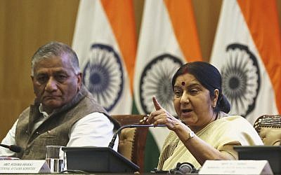 Indian Foreign Minister Sushma Swaraj addresses an annual press conference, with Junior Foreign Minister V. K. Singh seated beside her in New Delhi, India, May 28, 2018. (AP Photo)