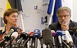 Belgian Federal Prosecutor Eric Van Der Sypt, right, and Federal Prosecutor Wenke Roggen address a media conference in Brussels, May 30, 2018. (AP Photo/Virginia Mayo)